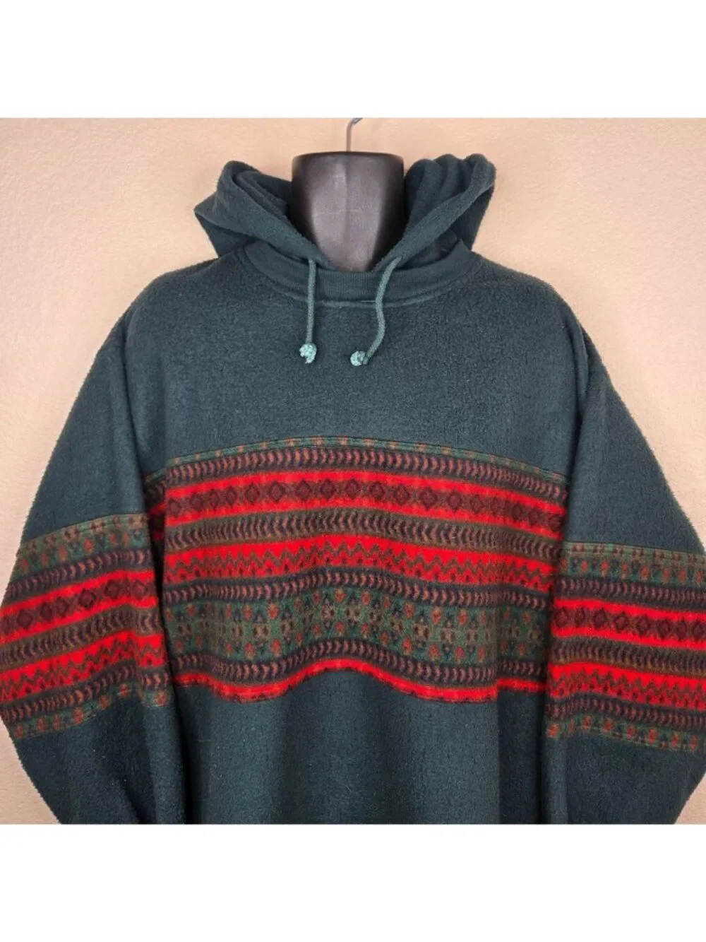 Vintage 90s Bugle Boy Green Hooded Fleece Hoodie Red Stripes Mens Size L